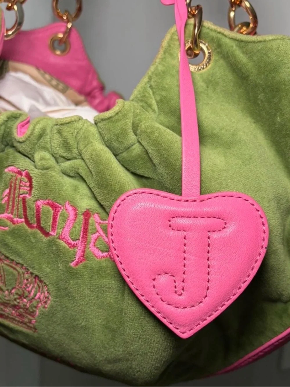 Juicy Couture Olive Green Suede Shoulder Bag with Pink Trim